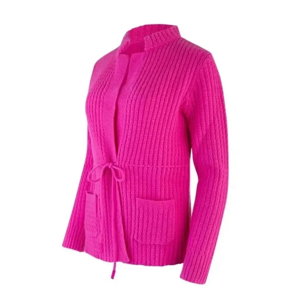 Leggiadro Hot Pink Wool Cashmere Ribbed Tie Waist Cardigan Sweater Womens Medium
